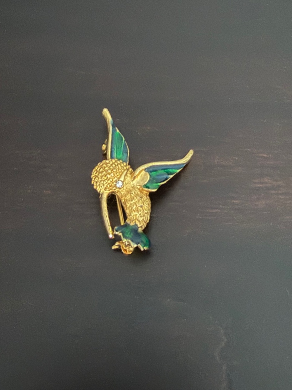 Hummingbird Gold-tone Rhinestones Green Enamel Pin Brooch